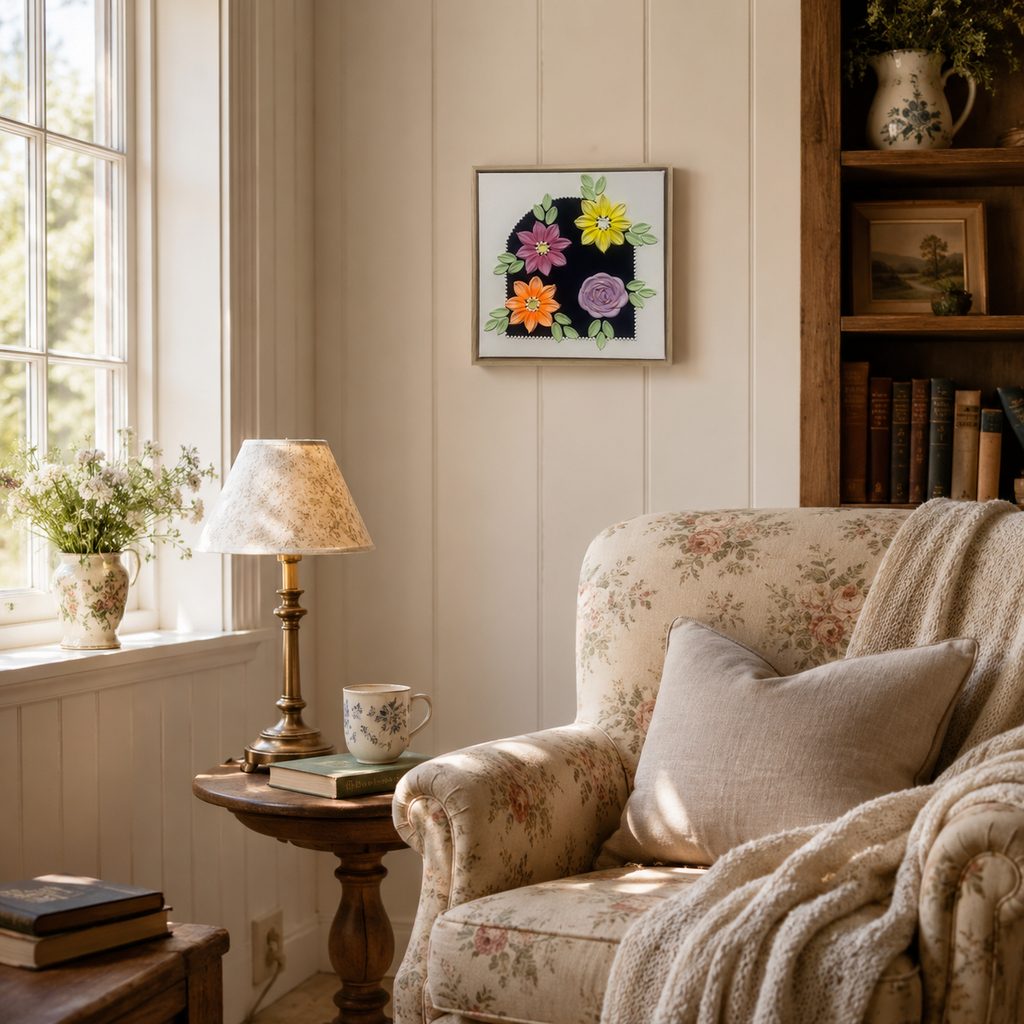 Blue Flowers Arch 30x30cm – reading nook lifestyle