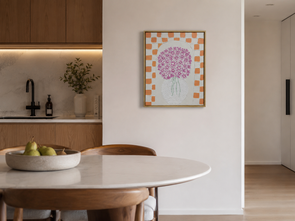 Floral Vase — original textured painting, pink flowers in white vase with terracotta checkerboard border, styled in apartment