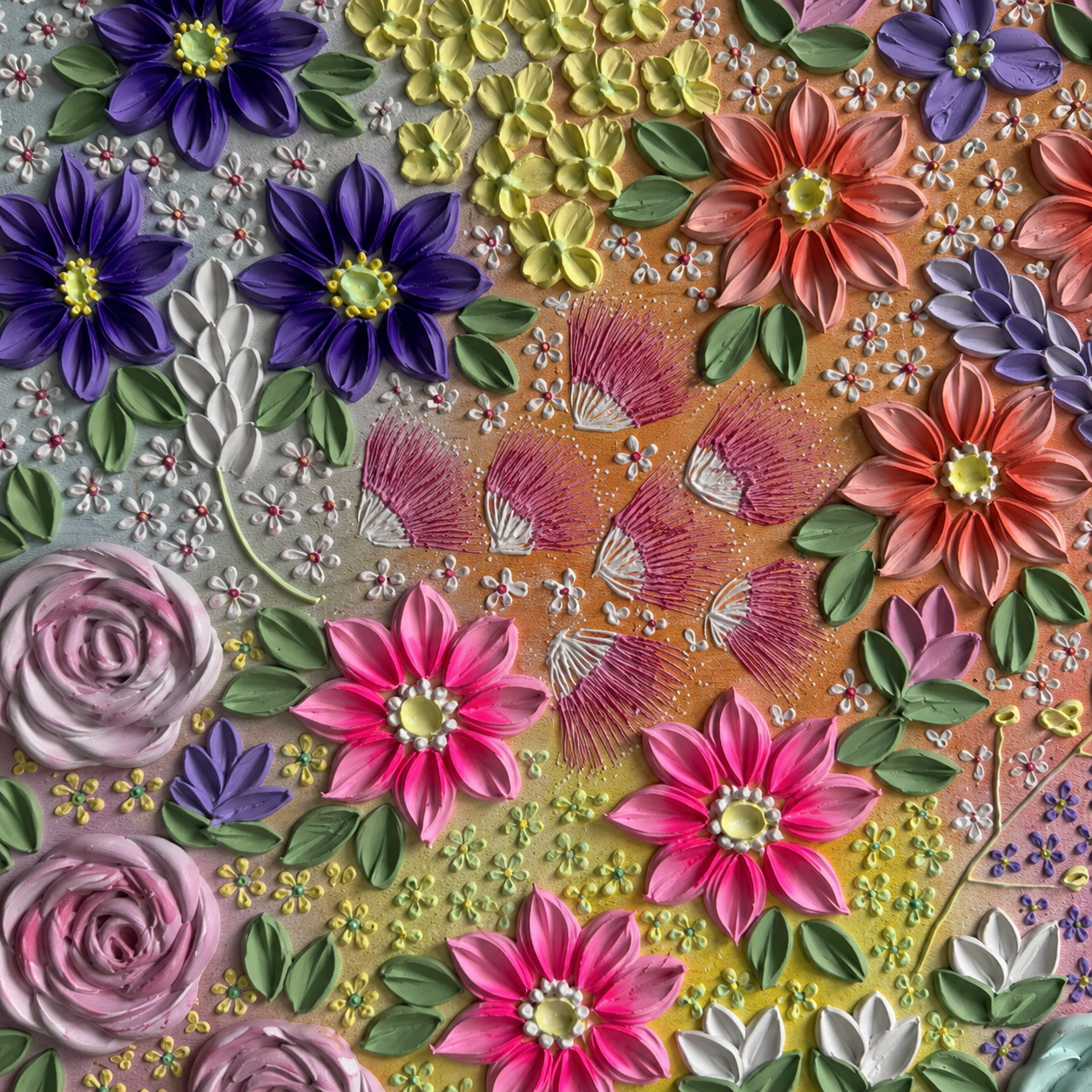 Garden Symphony — close up detail 1, textured acrylic flowers