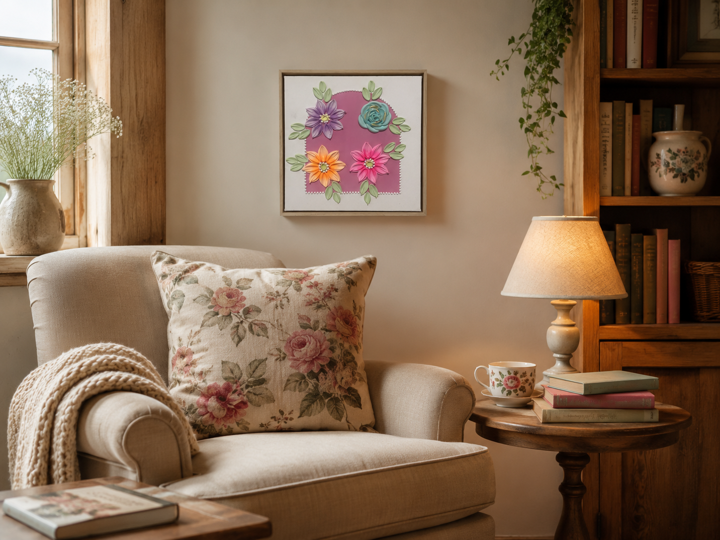 Pink Flowers Arch 30x30cm – reading nook lifestyle