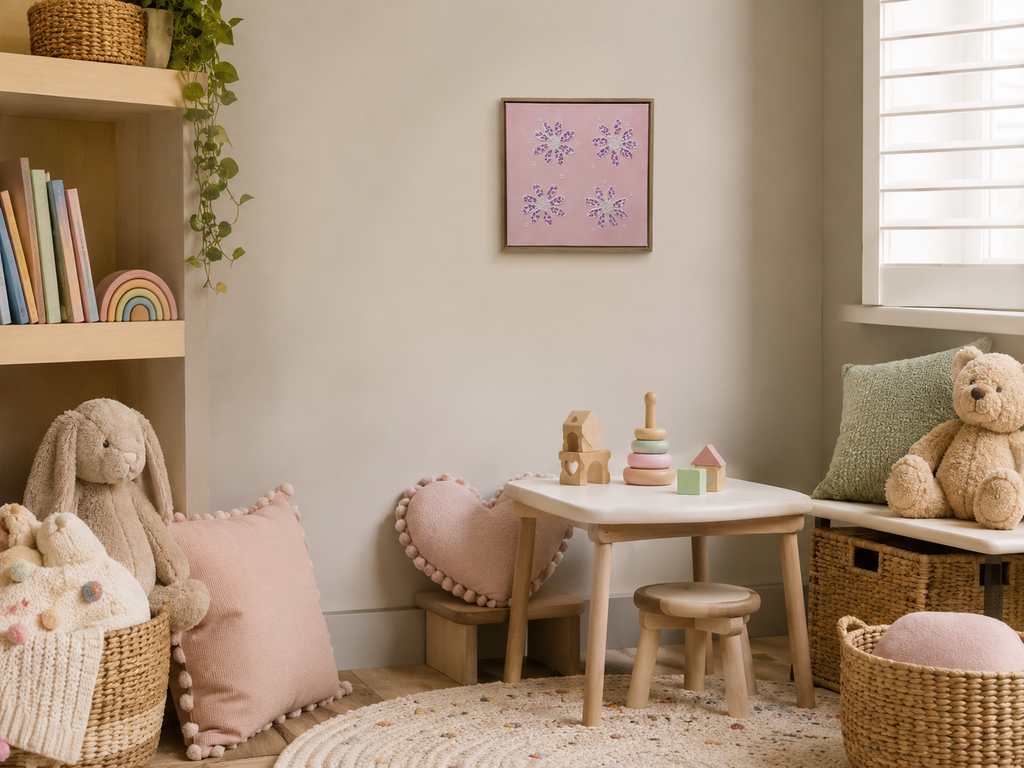 Pink & Purple Flowers by Julie Liu displayed in a child's room