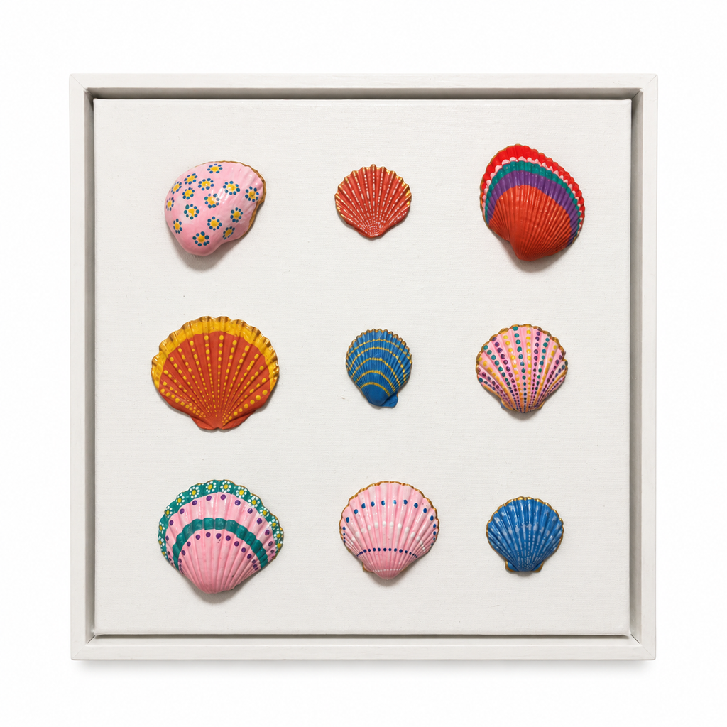 Sea Shells — nine hand-painted real shells on white canvas by Julie Liu