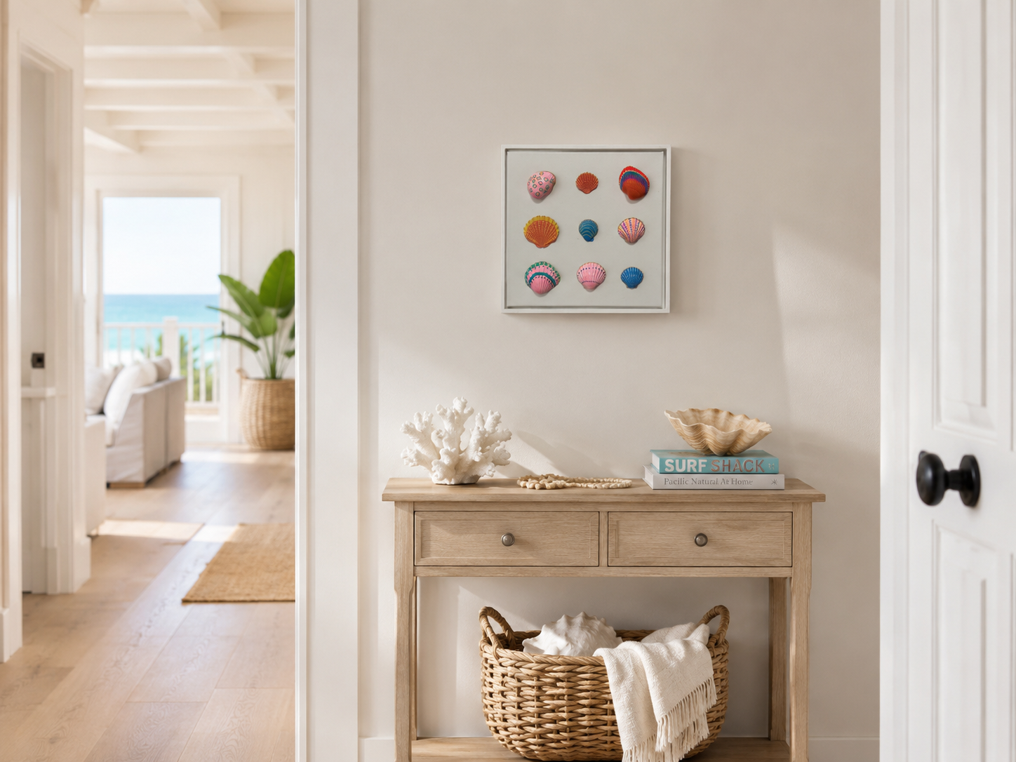 Sea Shells artwork by Julie Liu displayed in a coastal hallway