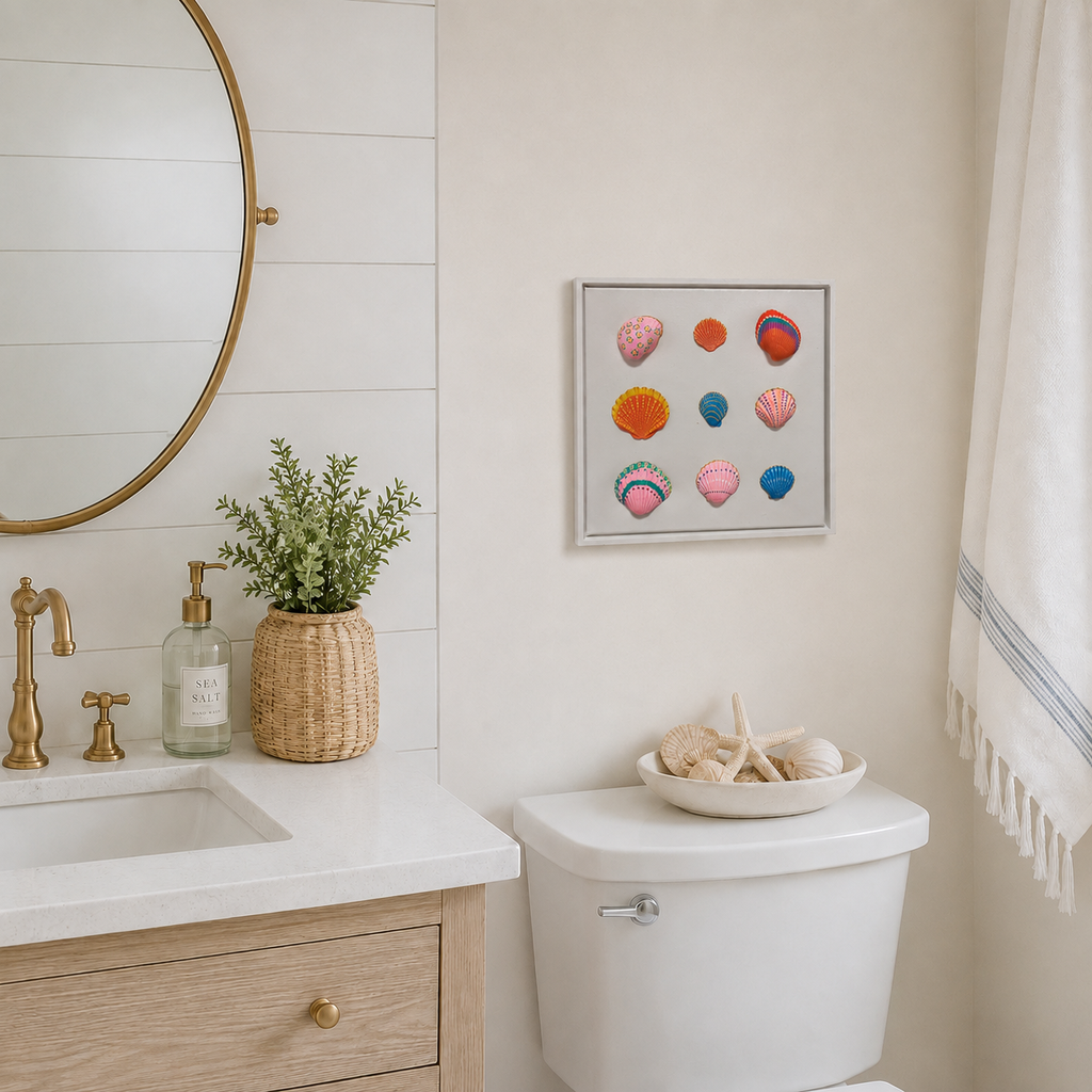 Sea Shells artwork by Julie Liu displayed in a bathroom