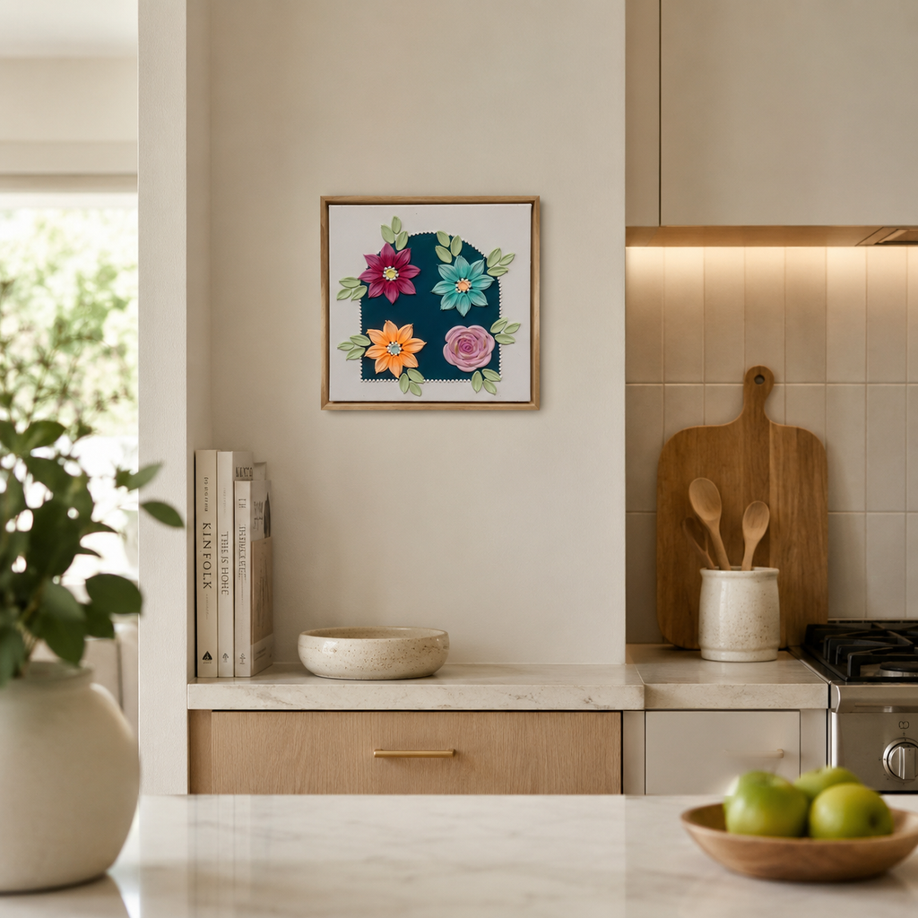Teal Flowers Arch 30x30cm – kitchen lifestyle