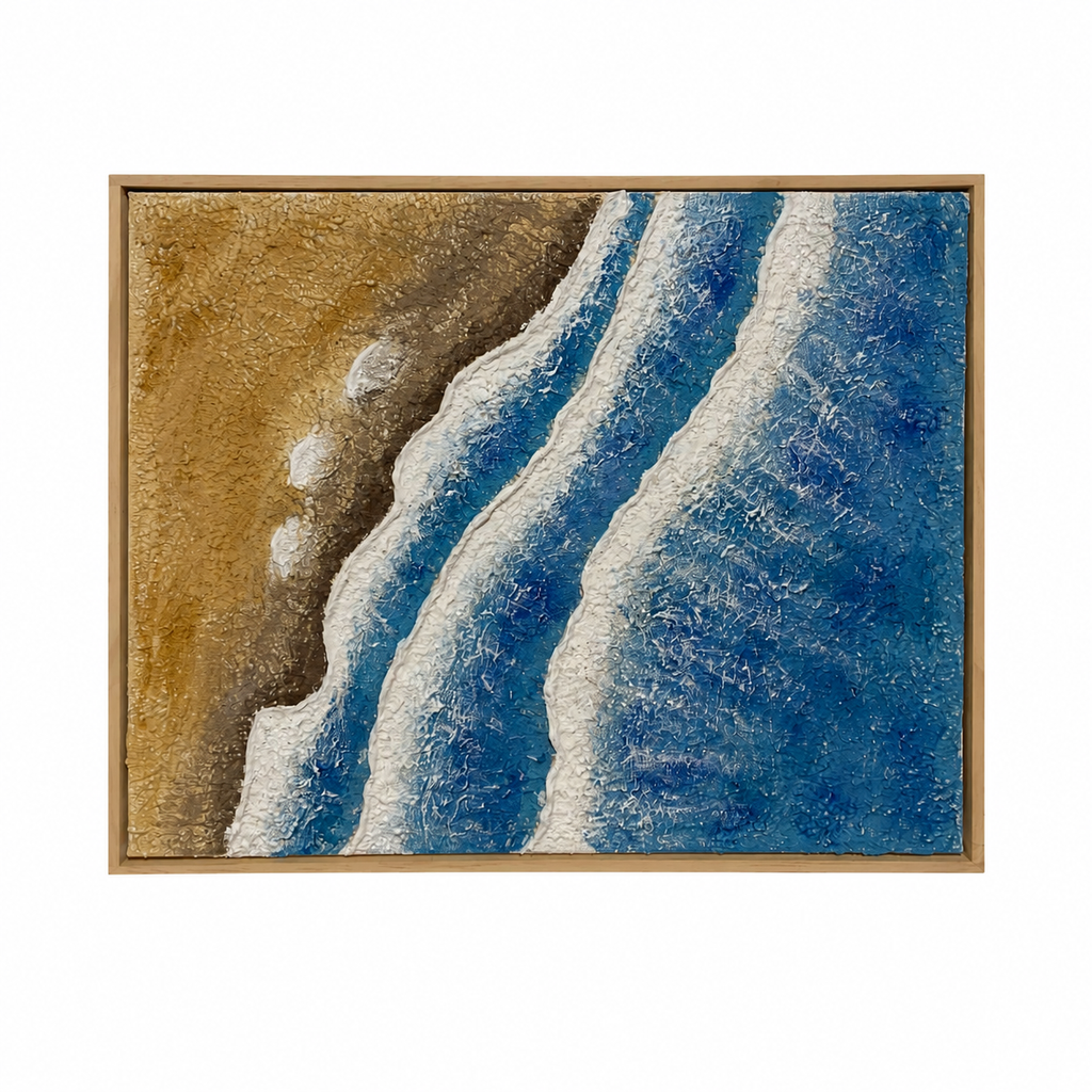 The Beach — original textured painting, aerial view of ocean waves and sandy shore, 40x50cm
