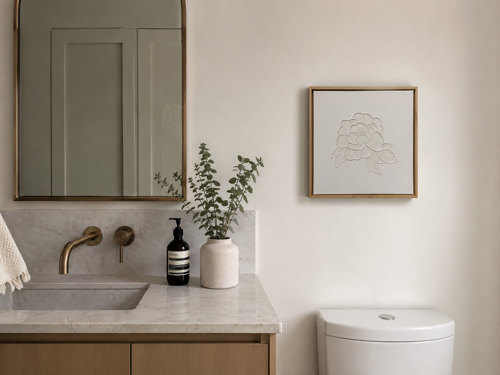 White Rose 30x30cm by Julie Liu — styled in a bathroom setting