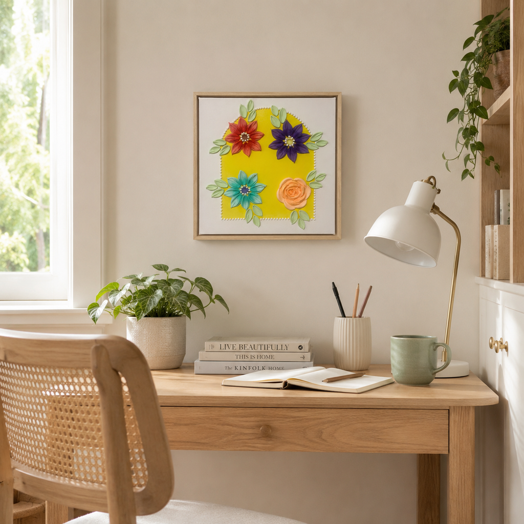 Yellow Flowers Arch 30x30cm – study nook lifestyle